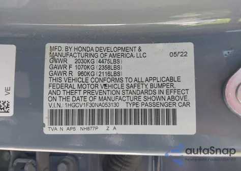 2022 Honda Accord Sport from USA, damaged, VIN 1HGCV1F30NA053130
